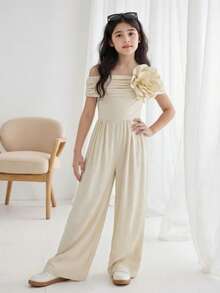 SHEIN Bộ áo liền quần dài trễ vai thoải mái, tối giản, dành cho bé gái tuổi teen. - Màu be - Xem 2