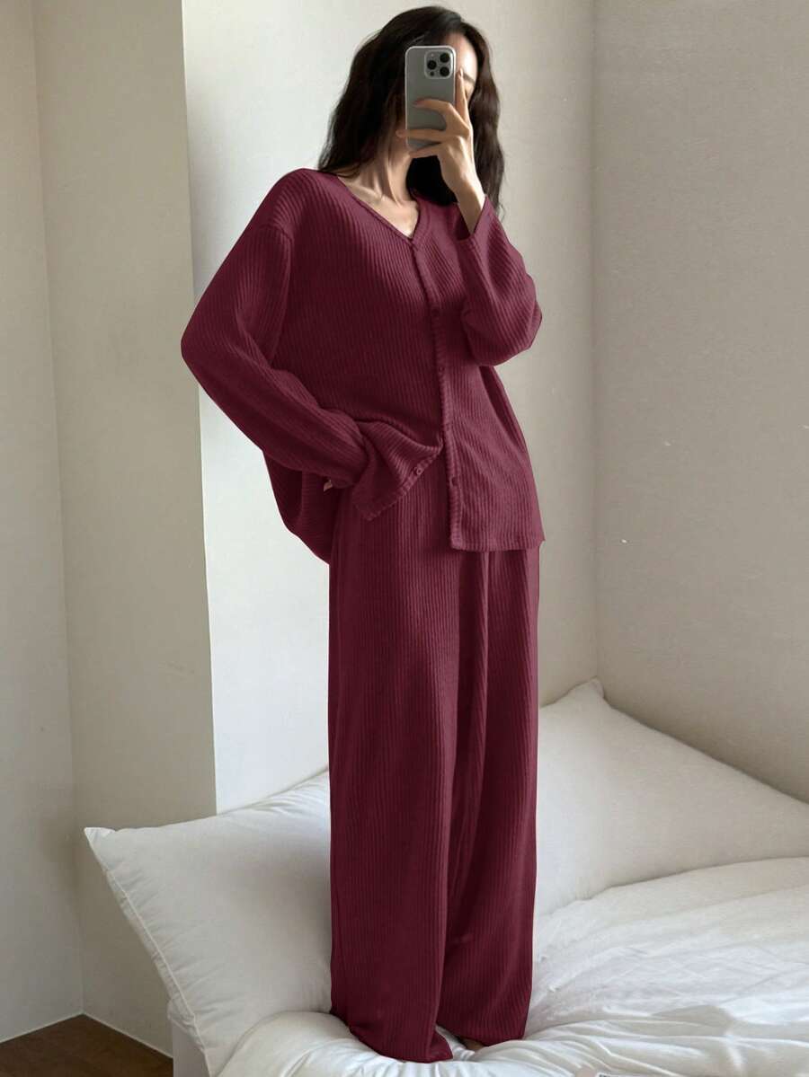 DAZY 2pcs Women Casual Striped Textured Fleece Cardigan And Pants Pajama Set, Suitable For Spring - Burgundy - View 1