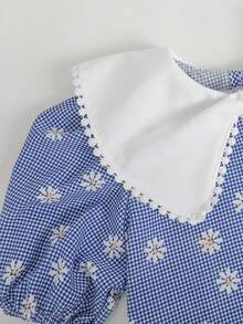 SHEIN Tween Girl Plaid Daisy Pattern Puff Sleeve Cute Dress - Blue - View 9