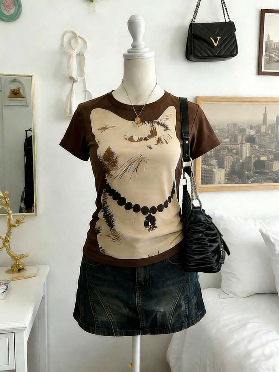 Lalippa Graphic T-Shirt,Summer Clothes,Women Outfits,Women Top,Trending Now, Fashion Tops,Y2k Tops,Y2k Clothes,Cat Pattern,Sister Outfits - Chocolate Brown - View 1