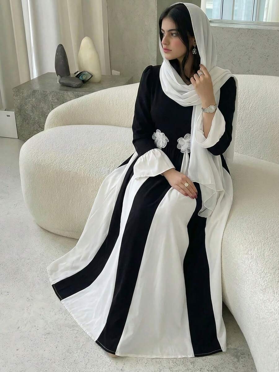 Đầm dài thanh lịch dành cho thiếu nữ, cổ tròn, tay dài, tay xòe, kiểu Trung Đông, phối họa tiết trang trí eo, chất liệu dệt kim. - màu đen - Xem 1