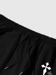 ROMWE MEN Grunge Punk Men's Cross Print Drawstring Waist Casual Sweatpants - Black - View 6
