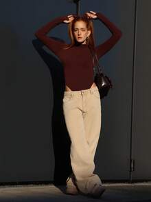 SILVIA DI SANTO 水洗低腰宽松牛仔裤，90年代Y2K春季休闲风，适合夏季、音乐会、假日、秋季、冬季、纳什维尔、秋季、返校季、办公室、感恩节等场合的时尚穿搭 - 卡其色 - 查看 4