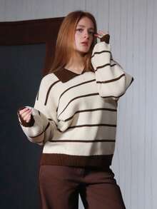 SILVIA DI SANTO كنزة صوفية كاجوال محبوكة بياقة عالية مخططة باللون المتداخل، خريف/شتاء - متعدد الألوان - مشاهدة 3