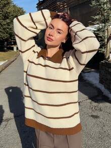 Abrilcols كنزة صوفية كاجوال محبوكة بياقة عالية مخططة باللون المتداخل، خريف/شتاء - متعدد الألوان - مشاهدة 1