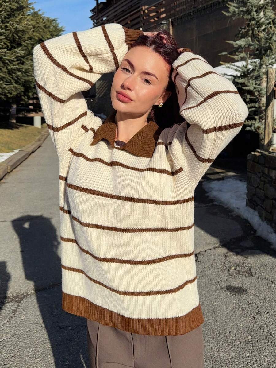 Abrilcols كنزة صوفية كاجوال محبوكة بياقة عالية مخططة باللون المتداخل، خريف/شتاء - متعدد الألوان - مشاهدة 1