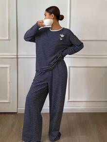 DAZY 2pcs Women Puppy Pattern Striped Loose Long Sleeve Pajama Set - Navy Blue - View 6