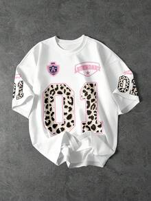 SHEIN EZwear 女士休闲豹纹印花及数字 01 图案宽松圆领短袖T恤 - 彩色 - 查看 5