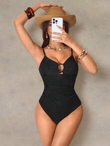 Shapewave Women's Textured Fabric One Piece Swimsuit, Suitable For Beach, Party, Vacation - Black - View 4