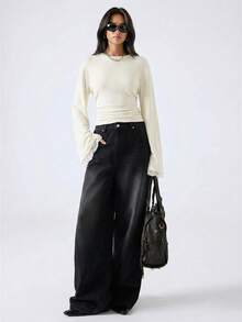 LYSMO 新款极简春夏女装，圆领落肩长袖撞色蕾丝时尚T恤，米色喇叭袖上衣，灰色长袖上衣 - 米色 - 查看 3