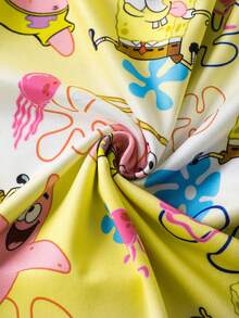 SpongeBob SquarePants | SHEIN 2 sztuki/zestaw chłopięcy, kreskówkowy, graficzny, z okrągłym dekoltem, długim rękawem, top i spodnie, dzianinowy, wygodny, swobodny, elastyczny komplet piżamowy - Żółty - Zobacz 7