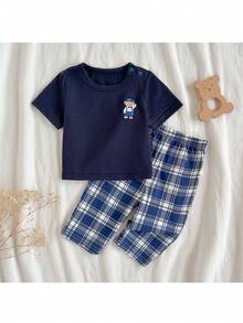 Loomiva 新生女宝宝卡通熊图案针织柔软圆领短袖上衣和格子松紧腰裤两件套 - 彩色 - 查看 1