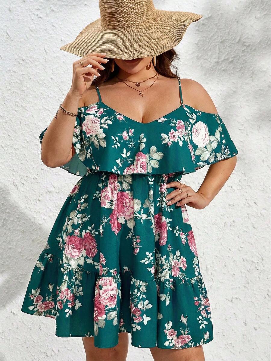 SHEIN VCAY Plus Size Women Floral Print Patchwork Ruffle Off Shoulder Fashion Maxi Dress - Green - View 1