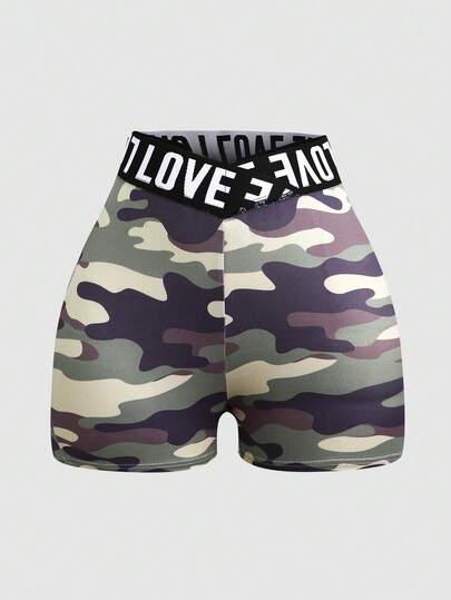 SHEIN Teen Girl Camouflage & Letter Print Patchwork Elastic Waist Casual Shorts