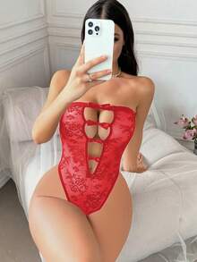 SHEIN Women Bow Decor Hollow-Out Sexy Lace Bodysuit Bowknot For Going Out, Baddie Look - Red - View 8