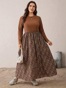 SHEIN Essnce Women's Plus-Size Brown Polka Autumn Boho Vacation Maxi Dress,Long Sleeve Floral Waist Dress With Pockets,Casual Spring Country Style - Brown - View 3
