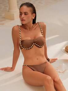 Swim Chiccia Bộ đồ bơi bikini đi biển gợi cảm có gọng và dây bện màu nâu dành cho nữ, mùa hè - màu nâu - Xem 4