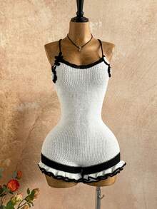 Soleia 女士度假针织纹理连体裤，3D 花卉装饰多层荷叶边下摆迷你连体裤，性感派对约会海滩度假夏季服装，适合度假约会、下午茶、婚礼季节、海滩游轮度假、城市公路旅行度假、波西米亚风度假、音乐节 - 黑與白 - 查看 3