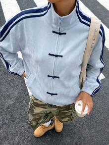 Muchica 女士休闲条纹蓝色纽扣轻薄外套 - 藍色 - 查看 1