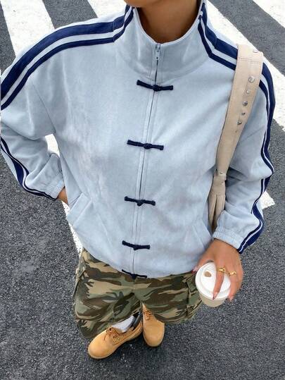 Muchica 女士休闲条纹蓝色纽扣轻薄外套