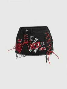 ROMWE Grunge Punk Sports Style UK Flag Patch Contrast Color Drawstring Design Super Low Waist Denim Bodycon Mini Skirt - Black - View 1