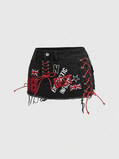 ROMWE Grunge Punk Sports Style UK Flag Patch Contrast Color Drawstring Design Super Low Waist Denim Bodycon Mini Skirt