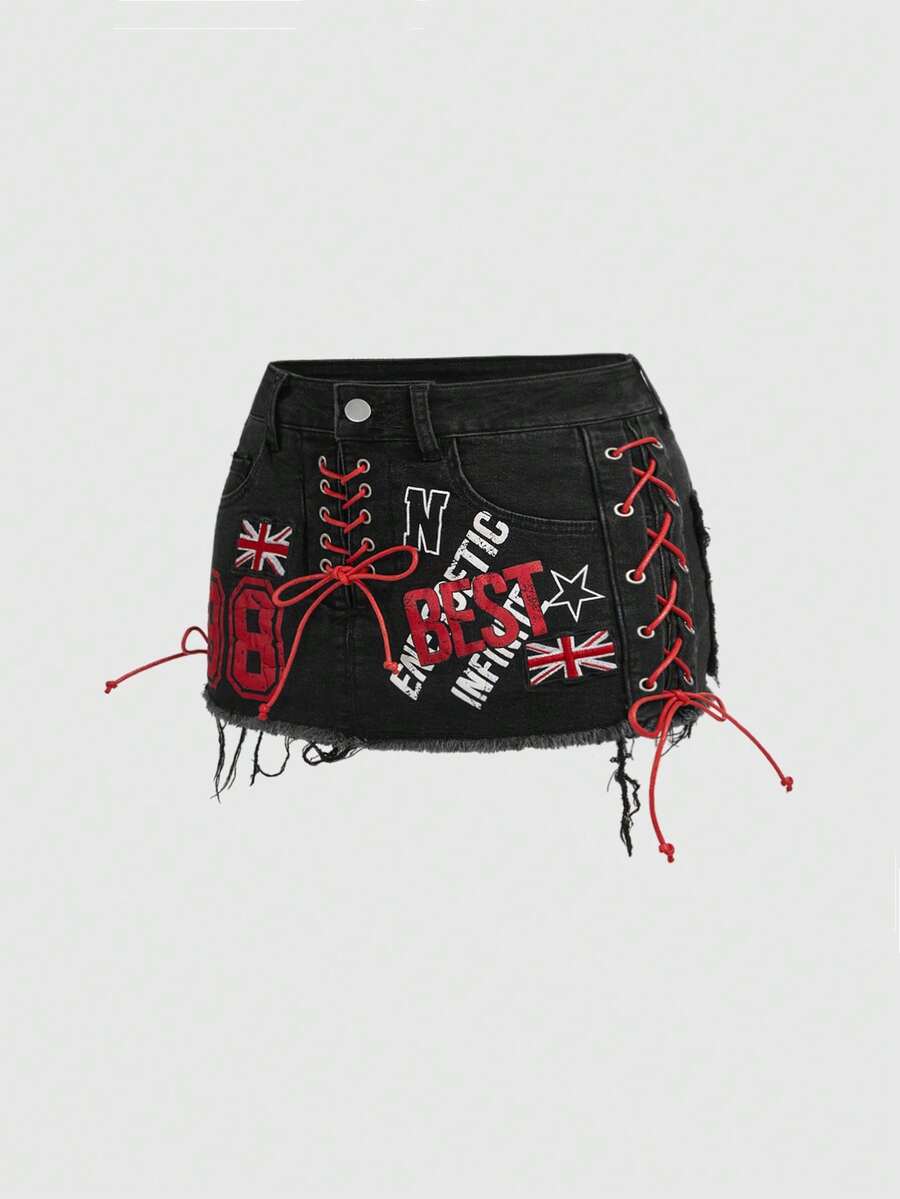 ROMWE Grunge Punk Sports Style UK Flag Patch Contrast Color Drawstring Design Super Low Waist Denim Bodycon Mini Skirt - Black - View 1