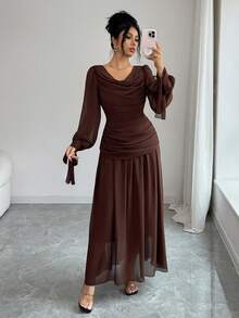 SHEIN PETITE Women's Casual Elegant Draped Collar Ruched Lantern Sleeve Flowy Dress, With Ruffle Collar, Lantern Sleeves, And Tie Waist Design, Suitable For Various Formal Occasions Such As Parties, Weddings, Graduations, Halloween, Christmas, Saudi National Day, New Year, Etc. - Brown - View 5