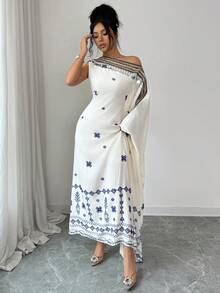 Yasmyna 女士条纹缎带拼接亮片不对称肩部优雅阿拉伯连衣裙 - 白色 - 查看 6