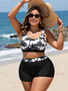 Swim SPRTY Summer Beach Plus Size Coconut Tree Printed Splice Beachwear Bikini Set With Bra And Swim Shorts - Black and White - View 3