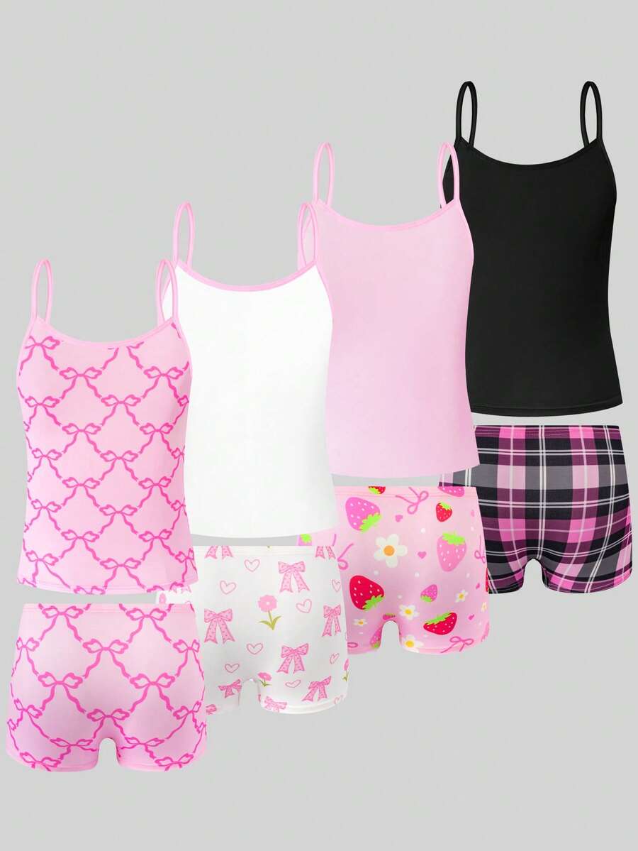 SHEIN 4件套女童简约纯色无钢圈吊带背心和舒适平角内裤套装 - 彩色 - 查看 1