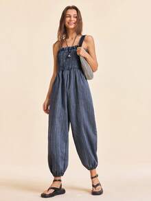 Coeurva 女士度假条纹吊带荷叶边连体裤 - 灰色 - 查看 4