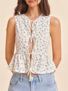 Coeurva 女士印花系带圆领休闲衬衫 - 鵝黃色 - 查看 1