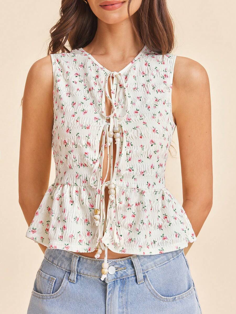 Coeurva 女士印花系带圆领休闲衬衫 - 鵝黃色 - 查看 1