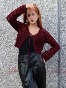 SILVIA DI SANTO 1 Stück Damen lässige einfarbige Strickjacke mit Hohlmuster, geeignet für den Urlaub, Langarm Oberteil - Bordeaux - Übersicht 1