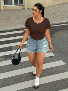 SHEIN EZwear Plus Size Brown Ruched Waist Elastic T-Shirt - Brown - View 6