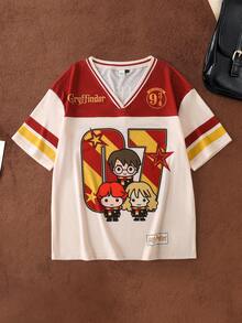 HARRY POTTER X SHEIN Áo thun nữ dáng rộng cổ chữ V phối màu tương phản, phong cách thường ngày đường phố, in hình hoạt hình và số, thích hợp cho mùa hè. - Màu be - Xem 1