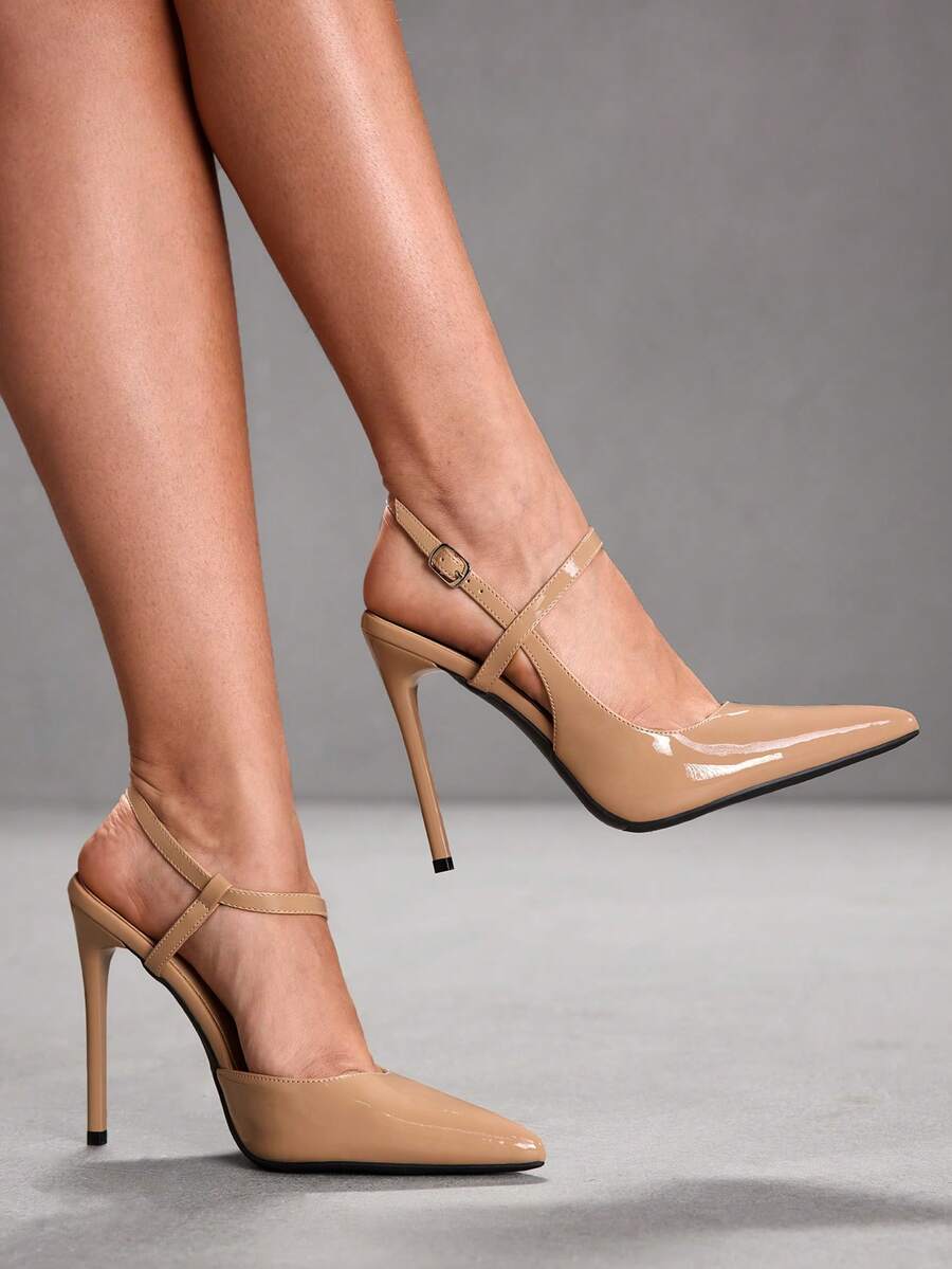 CUCCOO SZL 女士尖头高跟鞋，亮黑色材质，时尚性感夜店派对走秀踝带超高跟鞋，圣诞节必备 - 鏡面杏92 - 查看 1