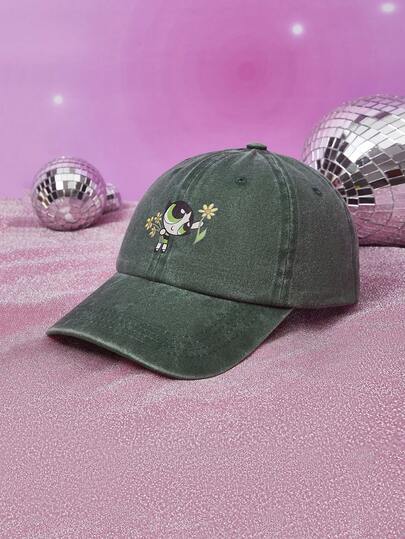 THE POWERPUFF GIRLS X SHEIN 1pc Fashionable Versatile Cartoon Printed Washed Baseball Cap, Cute & Fun, Adjustable Size, Lightweight & Portable, Suitable For All Seasons, Decorative Cap For Daily Outfit, Great Gift For Family And Friends