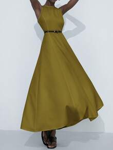 Aveloria Modichic Elegante vestido maxi de línea A con cuello redondo sin mangas, hombros asimétricos, cintura ceñida y volantes plisados exagerados para mujeres - Verde Oliva - Ver 4
