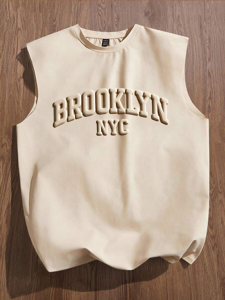 Manfinity Joysei 男士休闲3D字母卡其色背心，春夏款，适合户外运动 - 卡其色 - 查看 1