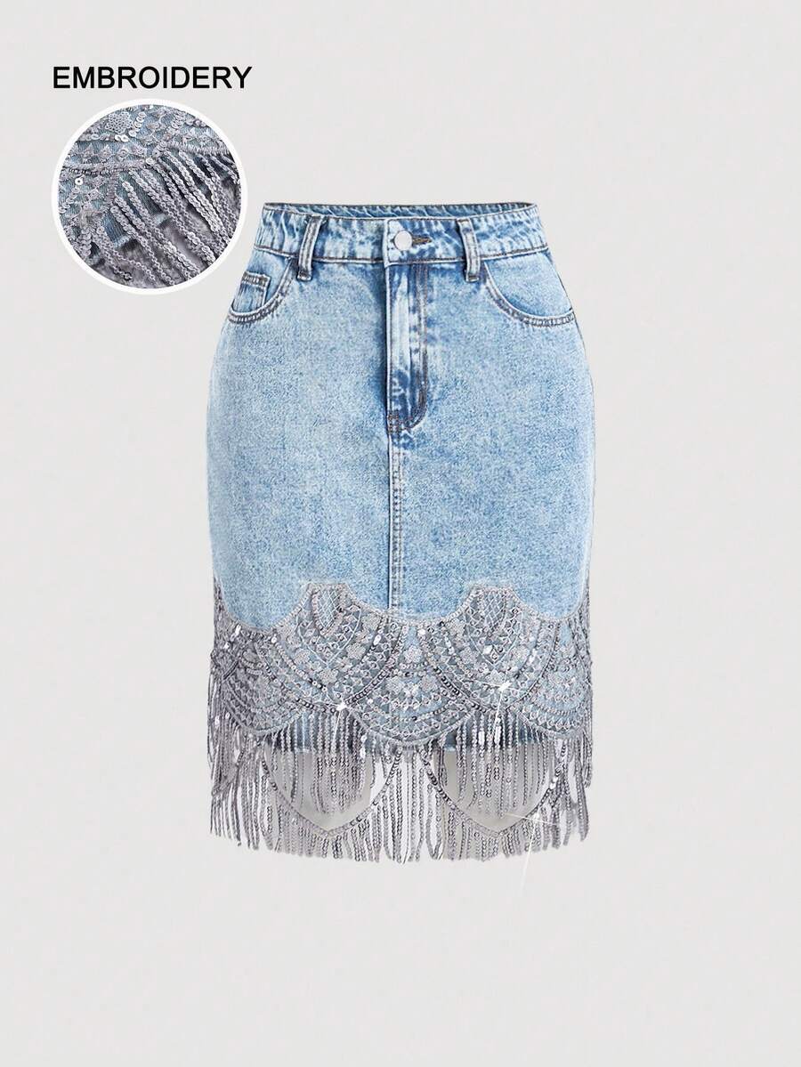 SHEIN MOD Women's Fringed Patchwork Denim Skirt For Casual Holidays, Cruise Women, School Skirt, Fall ,Homecoming Skirt, Birthday ,Back To School ,Women Vintage ,Old Money Style, Denim Skirt, Bachelorette Skirt, Casual Women Skirt - Light Wash - View 1