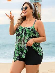 Swim Lushoire 女士热带植物印花吊带加大码泳衣套装，适合海滩度假、春夏穿着 - 彩色 - 查看 4