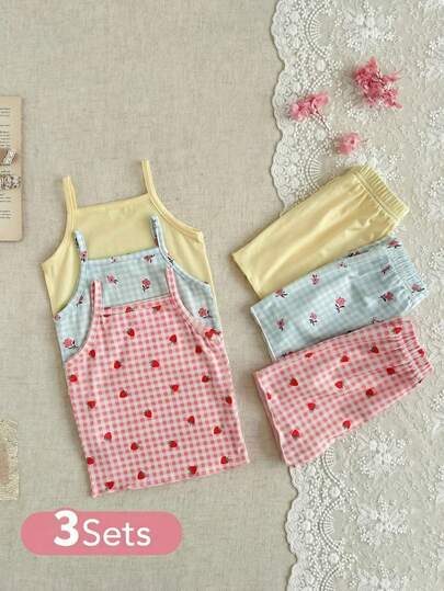 SHEIN Baby Girls' Comfortable Versatile Sweet Cute Strap Shorts Set, Multi-Piece Summer Outfit