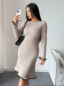 Modelyn Vestido ajustado de manga larga de punto acanalado con volantes en el bajo, para otoño/invierno - Caqui - Ver 4