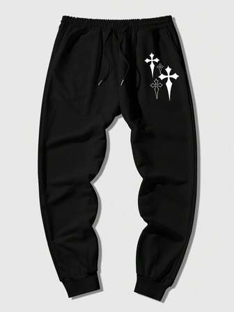 Grunge Punk Men's Cross Print Drawstring Waist Casual Sweatpants