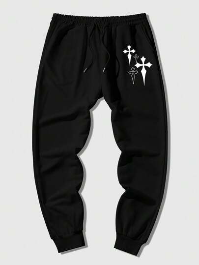 Grunge Punk Pantalones de chándal casuales con cordón y estampado de cruz para hombres
