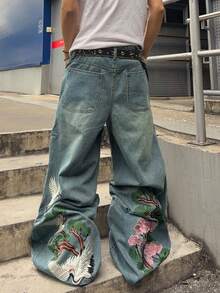 ROMWE MEN Jeans anchos y sueltos con bordado de animales para hombres - Azul - Ver 6