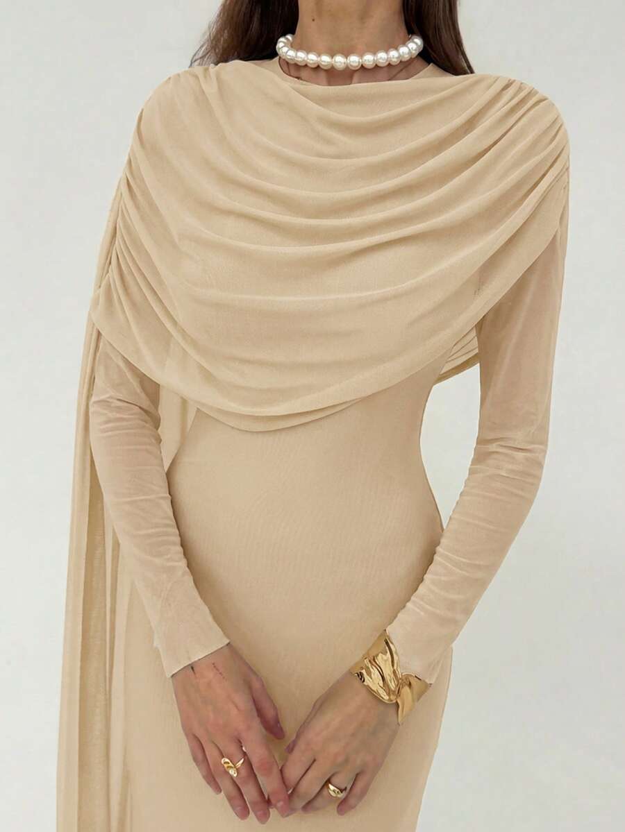 Aloruh Women's Solid Color Pleated Ruffle Elegant Slim Dress - Beige - View 1