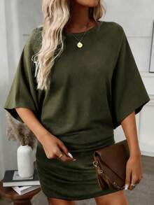 EMERY ROSE Women's Spring/Summer New Round Neck Elastic Ruched Sides Bodycon Dress - Army Green - View 3